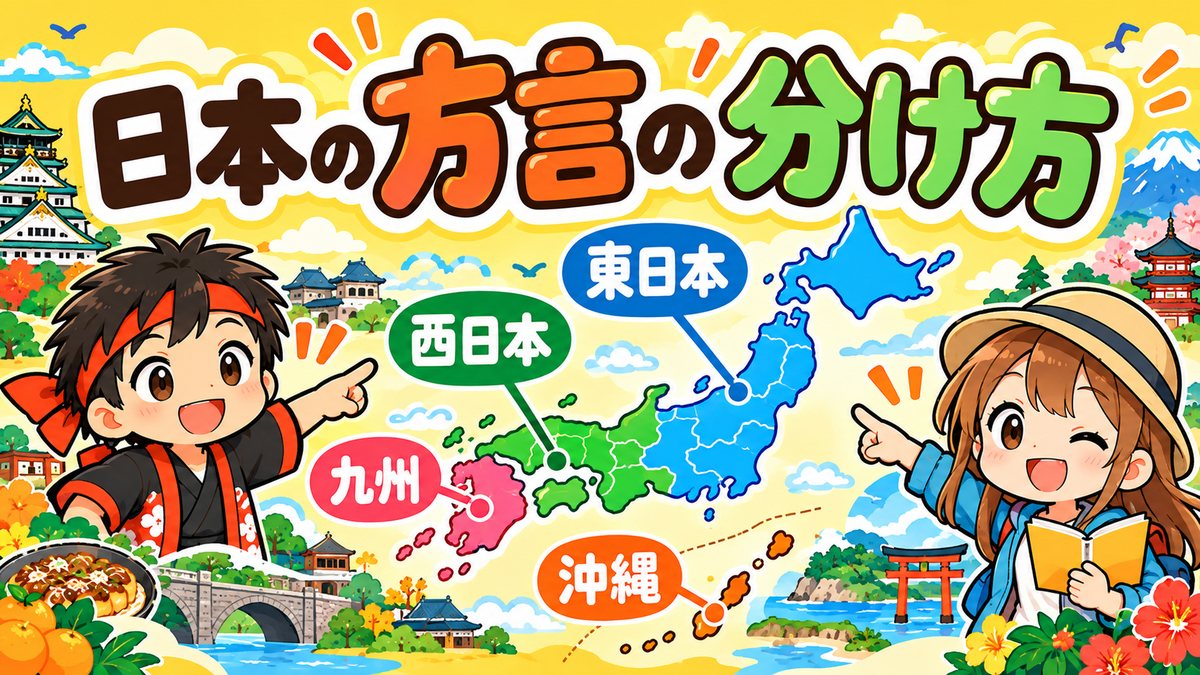 日本の方言の分け方（東と西・九州・琉球）
