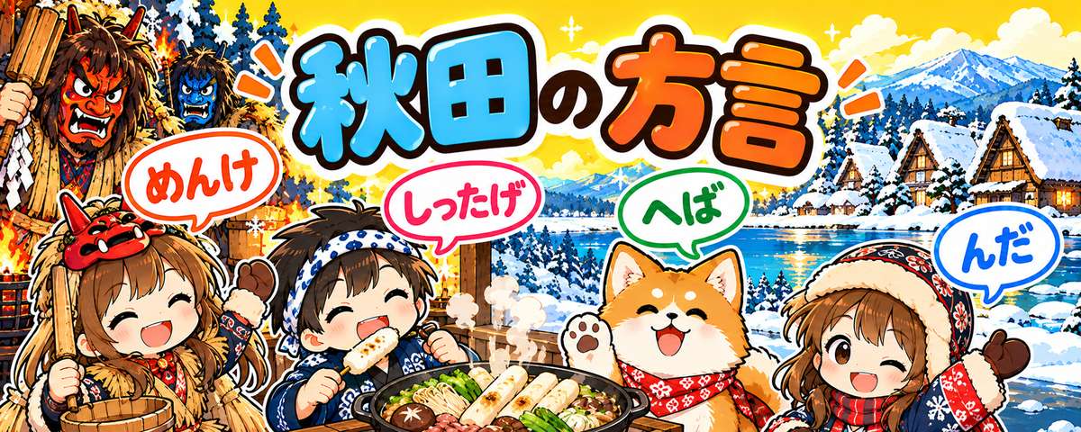 秋田弁のイラスト（めんけ・しったげ・へば・んだ）