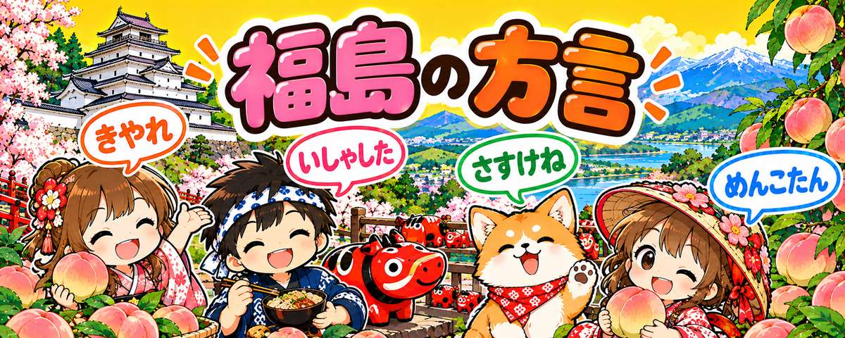 福島弁のイラスト（きやれ・いしゃした・さすけね・めんこたん）