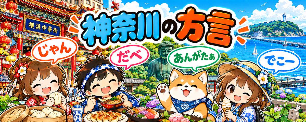 神奈川弁のイラスト（じゃん・だべ・あんがたぁ・でこー）