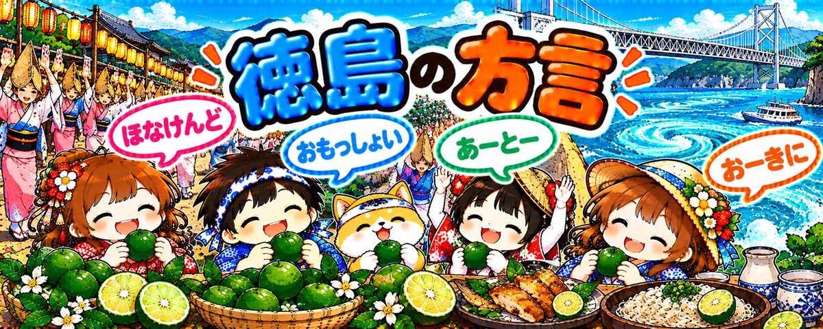 阿波弁のイラスト（ほなけんど・おもっしょい・あーとー・おーきに）