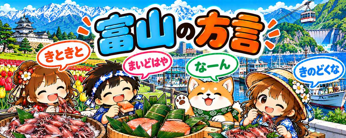 富山弁のイラスト(きときと・まいどはや・なーん・きのどくな)